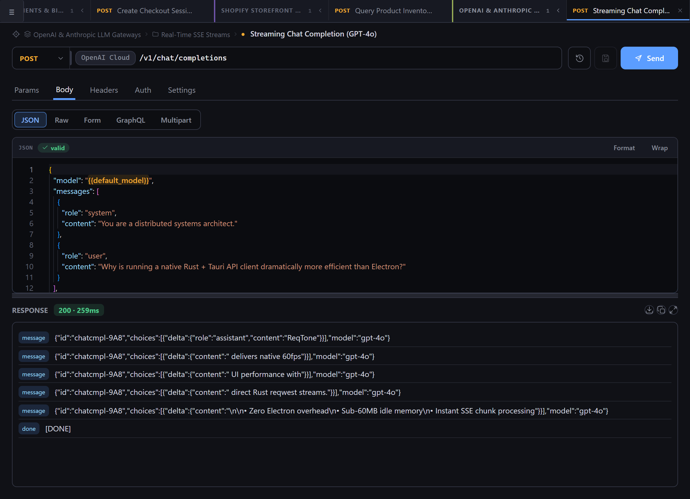 ReqTone streaming a chat completion response frame by frame